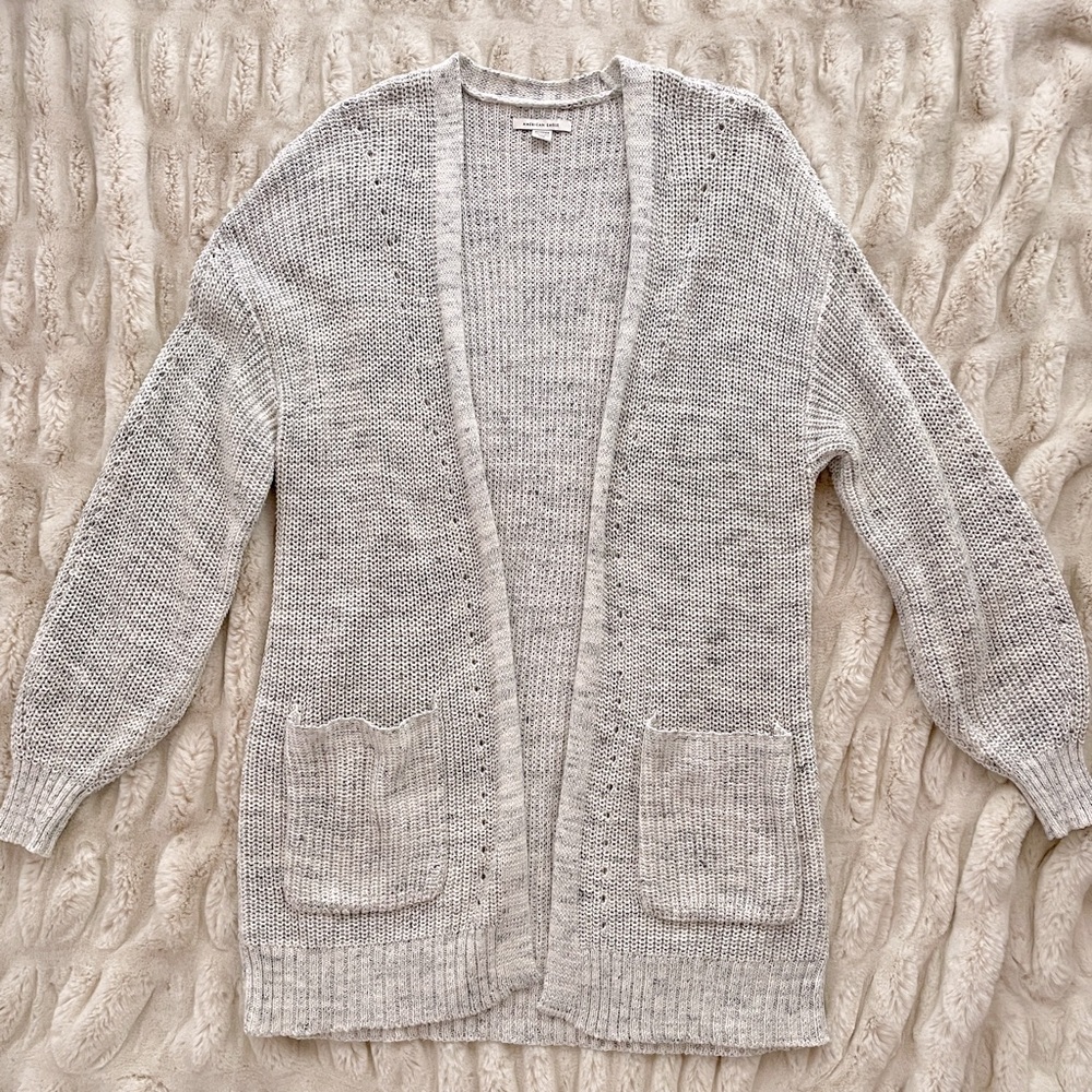 American eagle outfitters open front slouchy cardigan with pockets marled gray